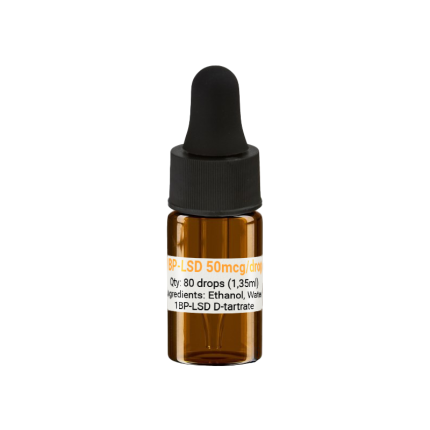 1BP LSD 50 mcg dropper bottle in a sealed laboratory container